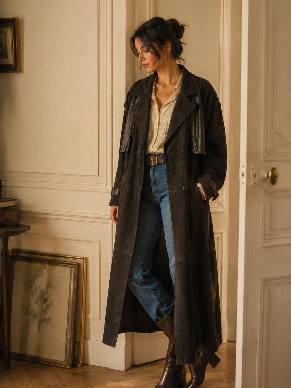 Long Full Length Dark Brown Suede Leather Double Breasted Trench Medium/Large
